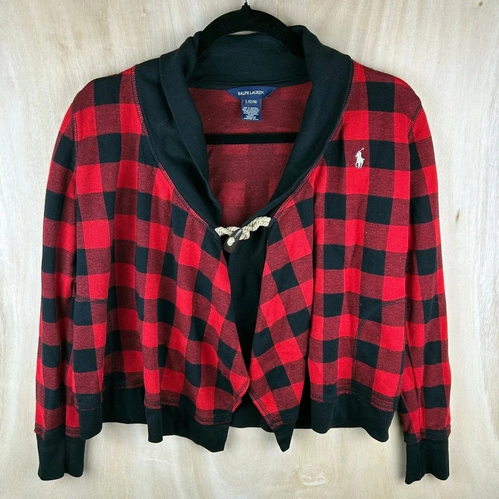 Ralph Lauren Girls L 12/14 Red Black Buffalo Plaid‎ Shawl Collar Cardigan